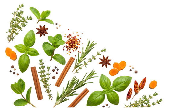 Fresh green herbs aromatic cinnamon sticks star anise dried chili and turmeric slices arranged neatly together on transparent background