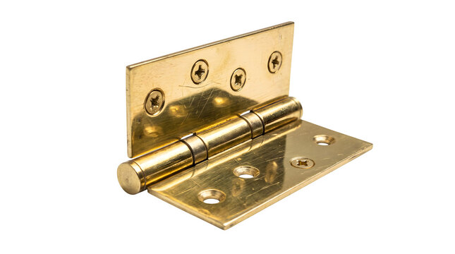 Shiny metallic brass door hinge featuring four screw holes and a sturdy cylindrical pivot joint isolated on transparent background