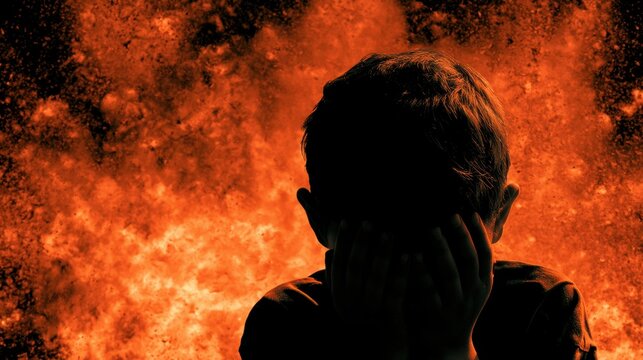 Silhouette of young boy hiding face with hands in front of intense fiery orange and red abstract background with smoky texture and dramatic lighting