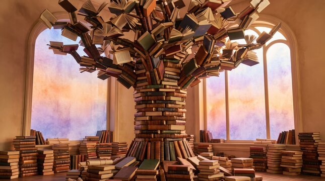 A magical tree made of stacked books inside a library setting perfect for celebrating a creative and inspiring happy teachers day concept