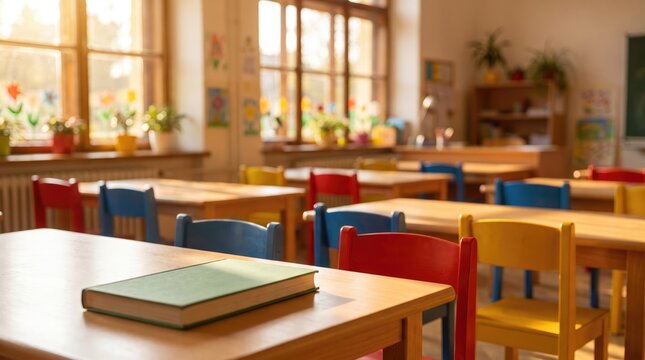 An empty colorful primary school classroom with wooden tables and chairs perfect for celebrating happy teachers day in a warm educational environment