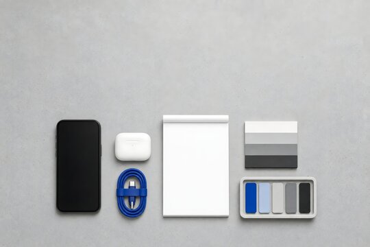 Minimalist Workspace Flat Lay with Smartphone, Notebook and Tech Accessories on Grey Background