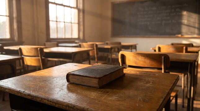 A vintage wooden desk with an old book inside a sunlit empty classroom setting perfect for celebrating a meaningful happy teachers day event
