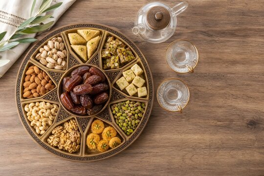 Middle Eastern Sweets and Nuts Platter with Tea for Ramadan or Eid Celebration