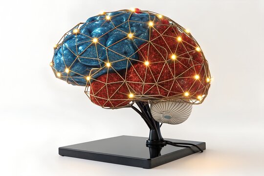 Anatomical human brain model with glowing lights and wireframe structure