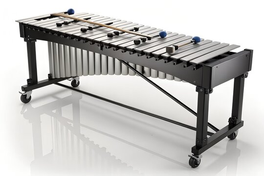 Professional percussion xylophone with silver metal bars on rolling stand