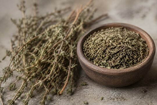 Dried Thyme Stems Beside Earthenware Bowl with Earthy Tones and Natural Shadows Modern Advertising Design