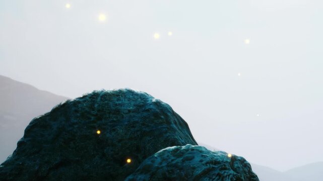 Small lights glow above large rocks in a foggy area. The scene shows a quiet moment in the evening. The background is unclear and adds to the mystery of the setting.