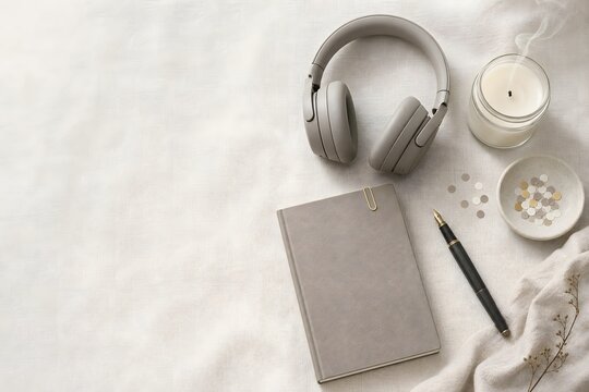 Minimalist Workspace Flat Lay with Notebook and Headphones for Productivity