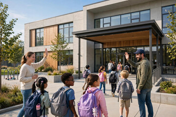 Fototapeta premium Parents Dropping Children at Modern Elementary School Entrance on First Day School Reopening Morning