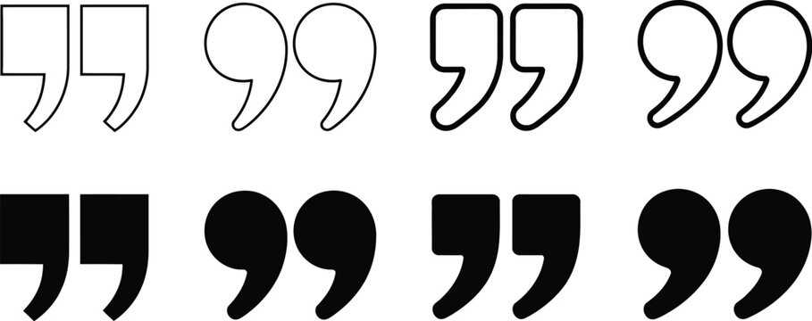 Quotation mark vector icon collection with double quote, inverted comma, speech marks, solid and outline typography symbols for writing, publishing, and communication, vector, designs