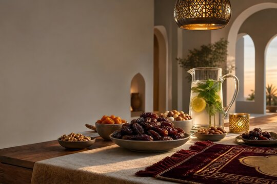 Ramadan Iftar Table Setting with Dates and Refreshing Drink in Middle Eastern Style
