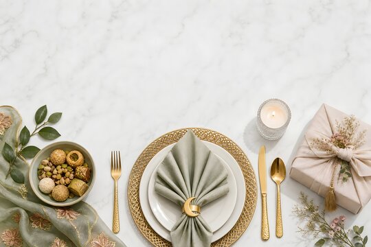 Elegant Ramadan Eid Celebration Table Setting with Middle Eastern Sweets and Gift