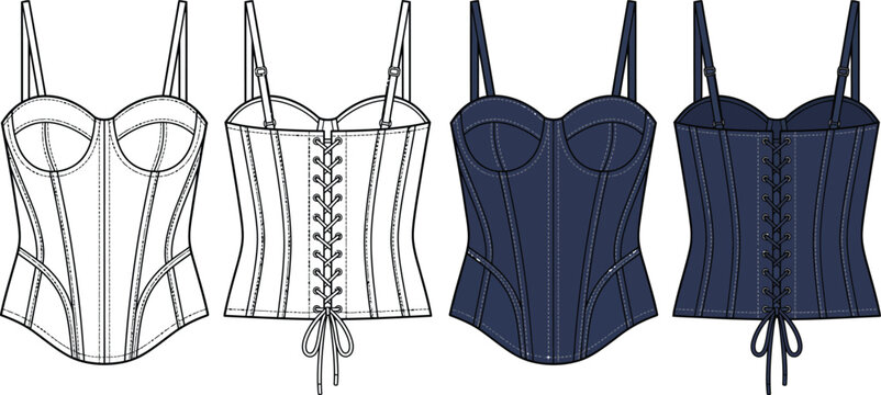 Technical flat sketch of women's corset bustier top with laceup back and straps