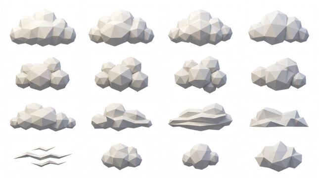 Low Poly Cloud Collection Isometric Weather Illustration Set Isolated on White Background