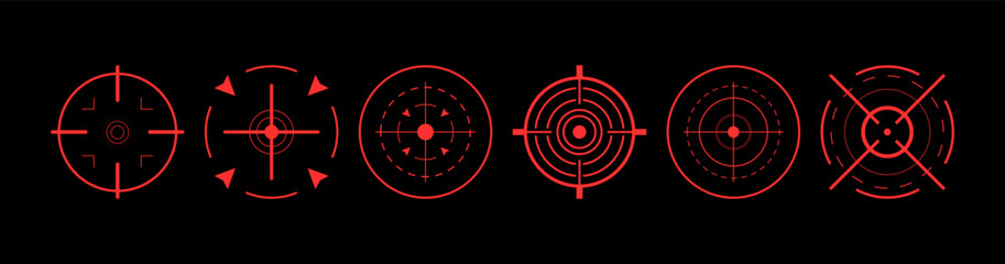 Obraz premium High-tech radar interface with circular HUD targets and glowing red scanner elements. Futuristic vector graphics for cyber security, tactical systems and sci-fi UI.