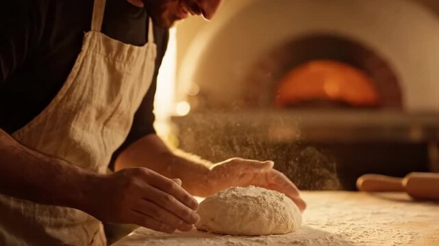 A baker skillfully shapes dough and prepares it for baking in a warm, rustic kitchen, with flour dusting the surface and a glowing oven in the background.