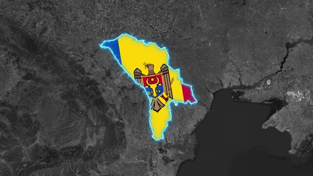 Moldova Map Highlight with Glowing Cyan Border on Black and White World Map