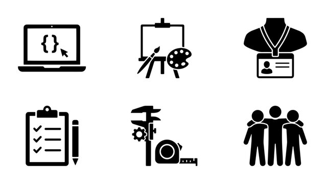 Creative Business Icons: Coding, Art, ID Badge, Checklist, Measurement, Teamwork