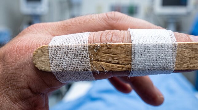 Close up of a broken finger secured with a wooden splint and medical tape.