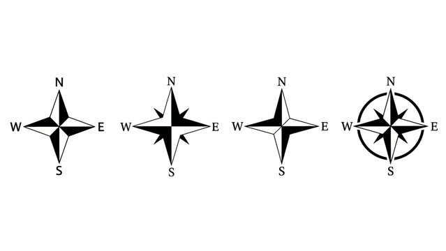 Set of wind rose and compass icons for navigation.