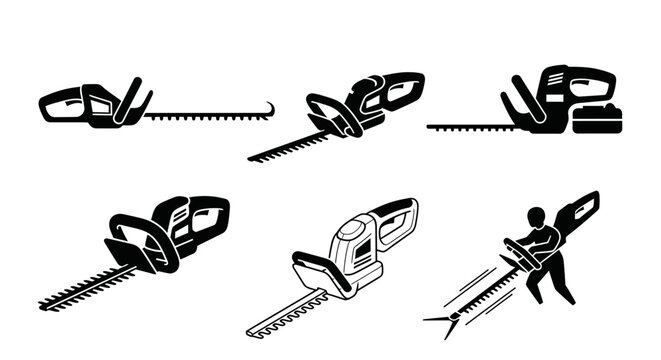 Silhouettes of chainsaws and hedge trimmers in use.
