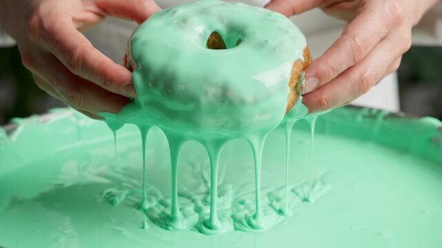 Artisan process of glazing a donut with vibrant mint green icing, showcasing expert hands delicately lifting the glazed treat from a smooth, reflective surface.