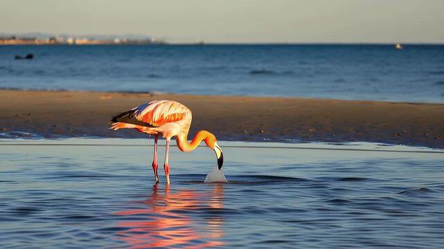 Pink Flamingo Feeding in Shallow Coastal Waters at Dawn &ndash; Wildlife Photography of a Caribbean Bird