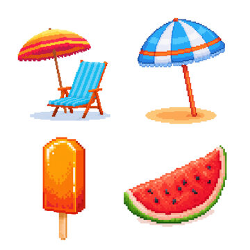 Pixel art summer icon set featuring a striped beach umbrella with deck chair, freestanding parasol, orange ice pop and watermelon slice.