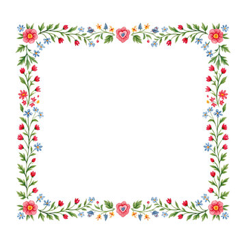 Square wildflower border with tiny red, blue and yellow blossoms woven through slender green vines, suited to invitations, certificates and stationery.