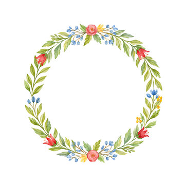 Circular botanical wreath with green leaves, coral flowers, blue blossoms and yellow sprigs, isolated for invitations, wedding stationery and seasonal branding.