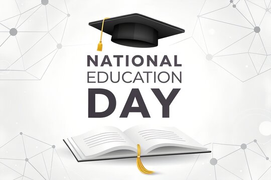 National education day message with graduation cap and open book graphic