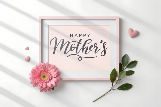 Happy mothers day greeting frame with pink flower and heart decor, greeting