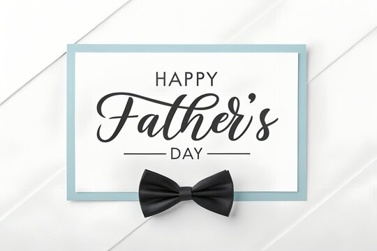 Happy fathers day card with black bow tie on white wooden surface, greeting
