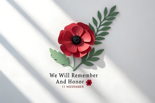 Remembrance poppy flower with text we will remember and honor on white surface