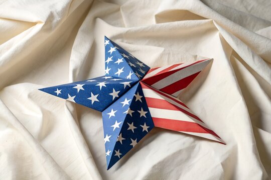 Patriotic paper star decorated with stars and stripes on textured fabric