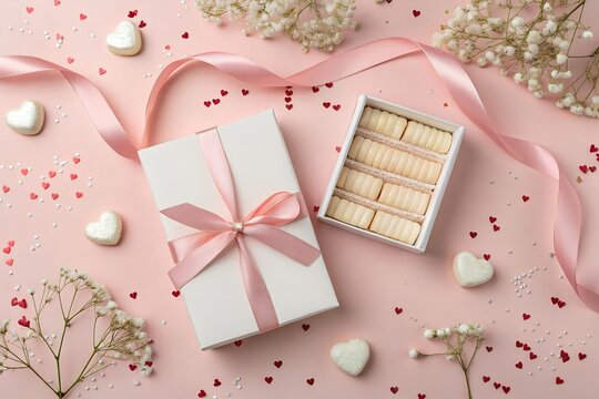 Gift box with pink ribbon and white chocolates on pink tabletop background