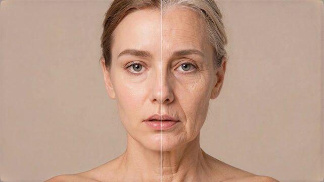 Split screen of a young and elderly woman's face. Woman's face showing signs of aging and skin texture