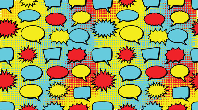 Seamless comic book speech bubbles pattern pop art style on colorful halftone background vector