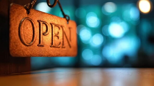 An inviting 'OPEN' sign sways gently, inviting customers into a warm, cozy environment filled with soft bokeh lights that create a welcoming atmosphere.