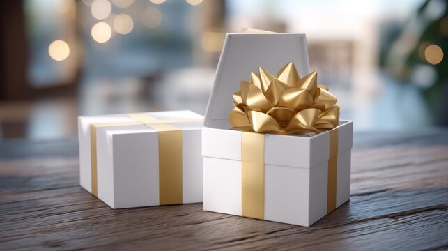 Gift boxes with golden bows and ribbons
