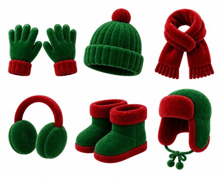 Cute Plush Winter Accessory Icon Set with Knit Gloves, Beanie, Scarf, Earmuffs, Winter Boots and Trapper Hat