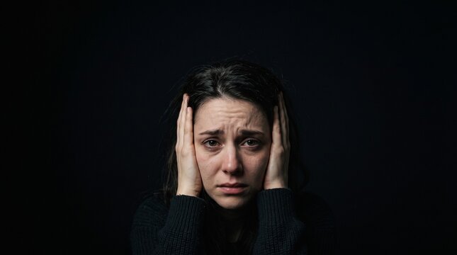 A distressed young woman with her hands covering her ears, her face contorted in anguish against a dark background.