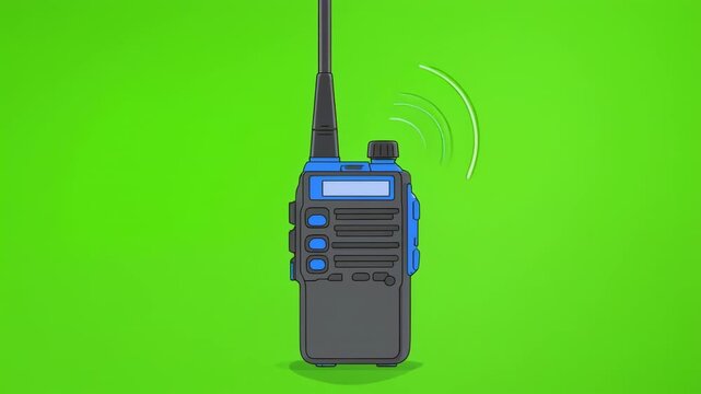 Blue portable radio transmitting signals in a dynamic studio setting with green screen background