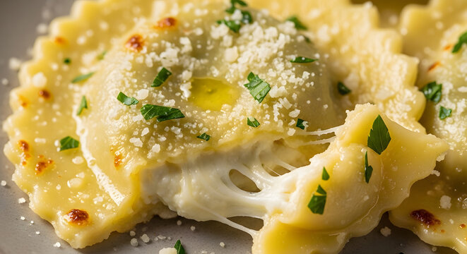 Ravioli filled with melted cheese and topped with fresh herbs is captured in a close up shot.
