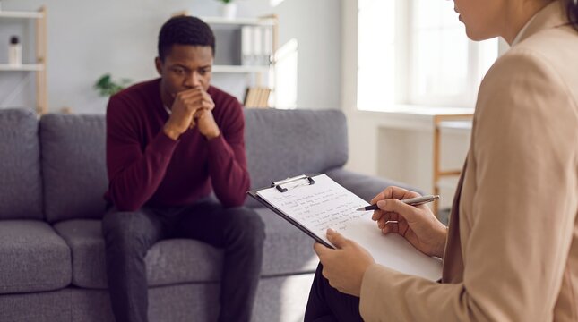 therapy counseling depression man therapist mental health anxiety support stress session Depressed Black man sits with clasped hands as a counselor takes notes for crisis support and recovery