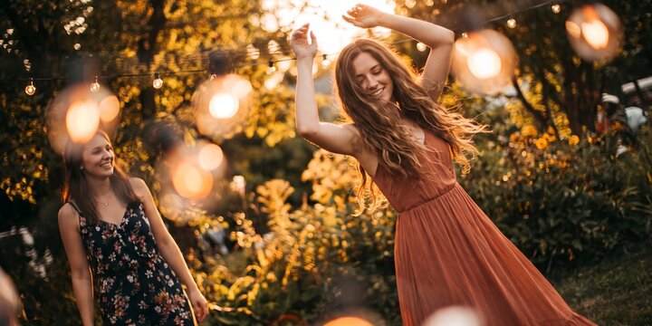 Happy young women dancing at outdoor garden party showcasing string lights bokeh, summer sunset atmosphere and joyful motion, representing freedom and outdoor celebration