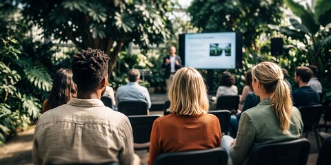 Obraz premium Audience in a lush botanical greenhouse venue showcasing corporate eco presentation, engaged attendees and speaker on stage, representing sustainable business strategy and environmental education
