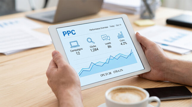 Hands holding tablet with PPC performance overview dashboard and marketing metrics