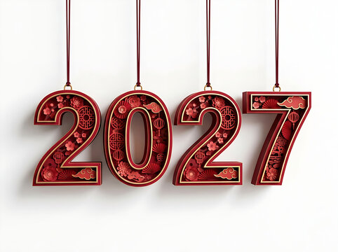 Chinese New Year 2027 hanging numbers decorated with red flowers and gold cloud elements on white background.
